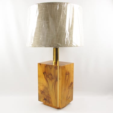 Milo Baughman Style Burl Wood and Brass Table Lamp