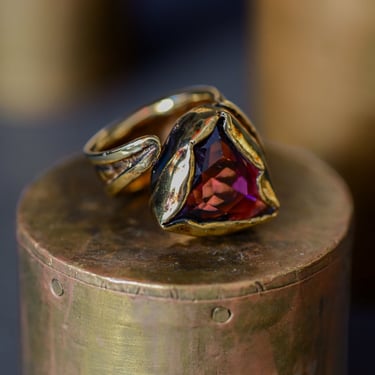24k Gold Plated Brass and Triangular Amethyst Cut Glass Ring
