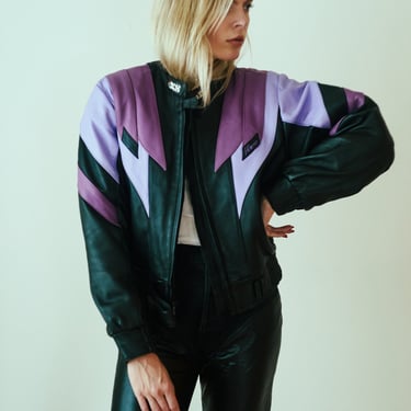 Vintage 1990s French Leather Racing Jacket with Purple Zig Zag Design IXS Moto Flame XS S M Bomber 