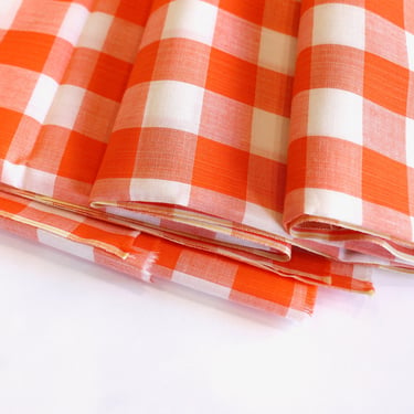 SALE - 2.47 Yards Vintage 100% Cotton Gingham - Fine Lightweight Flat Weave - Unused Fabric - Orange and White Check 