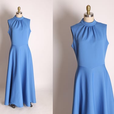 Late 1960s Early 1970s Blue Sleeveless Full Length Maxi Dress by Leslie Fay Originals -L 