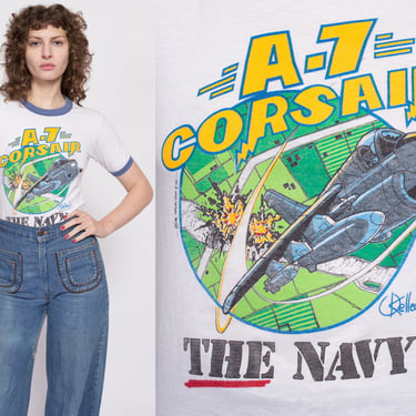 80s A-7 Corsair Fighter Jet Ringer Tee - Small | Vintage White Naval Airplane Graphic T Shirt 