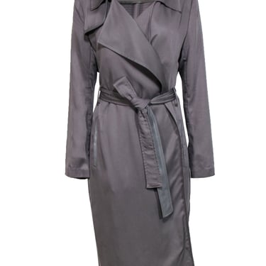 Badgley Mischka - Grey Open Front Belted Trench Coat w/ Faux Leather Trim Sz L