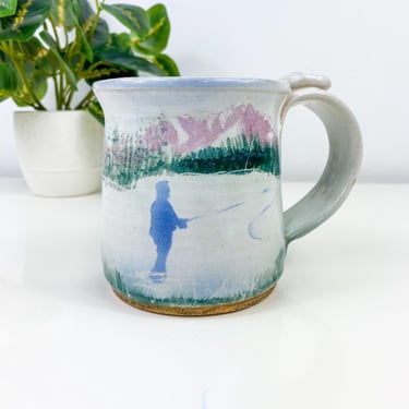 Vintage Fly Fishing Stoneware Coffee Mug, Hand Made Ceramic Pottery Mug, Rivers, Fishing, Mountains, Trout, Gift for Fathers Day, Dad Mug 