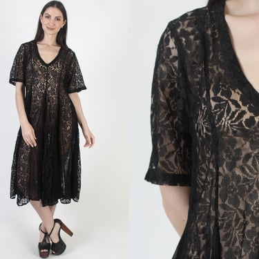 90s Black Lace Grunge Dress, Sheer Gothic Sundress, See Through Floral Gypsy, Full Skirt Goth Maxi 