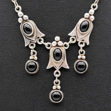 1920's Art Deco 925 silver black tourmaline bib, elegant abstract floral sterling necklace 