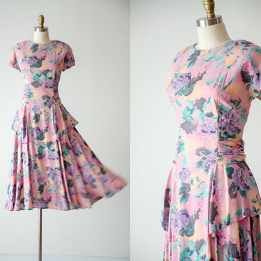 floral midi dress | 80s 40s style vintage Carol Little rayon crepe pastel pink purple orange peplum flowy dress 