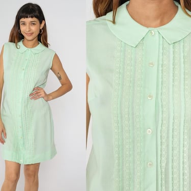 60s Mod Mini Dress Mint Green Peter Pan Collar Dress Lace Trim Day Dress 1960s Shift Vintage Sixties Sleeveless Button Up Minidress Medium 