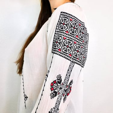 Hungarian Gauze Hand Embroidered Blouse // vintage embroidery dress shirt boho hippie white crepe hippy 60s 70s 1970s Romanian cotton S/M 