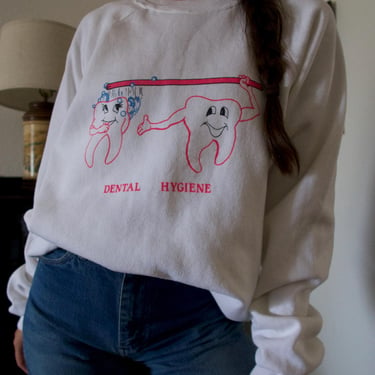 Vintage 90's Hanes Activewear Dental Hygiene Teeth Graphic Fleece Pullover Sweatshirt 