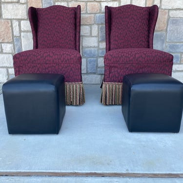 Pair of French Modernist Black Leatherette Cube Footstools, C. 1970s 