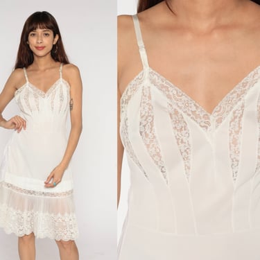 70s Lace Slip Lingerie Dress Nightgown White Knee Length Nightie Empire Waist Spaghetti Strap Boho Retro Intimates Vintage 1970s Medium M 