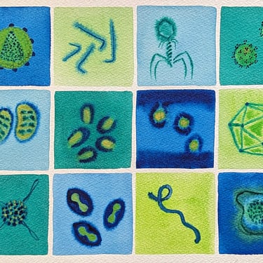 Viruses in Green and Blue  - original watercolor painting - microbiology art 