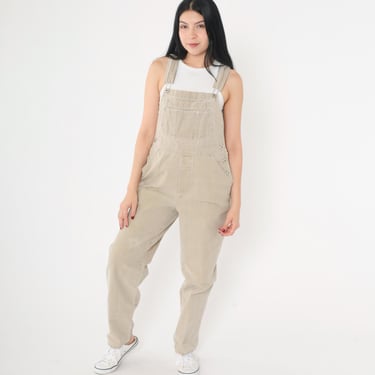 Vintage Tan Denim Overalls Y2K Jean Bib Overalls Dungarees Tapered Suspender Pants Hipster 00s Retro Utility Straight Leg Small Medium 