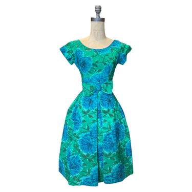 1950s green and blue floral print party dress 