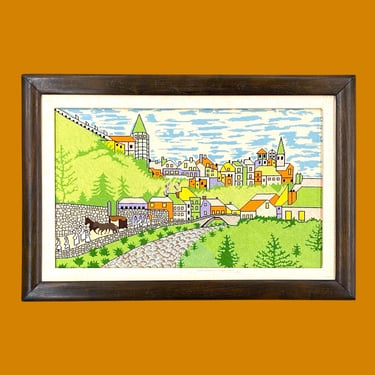 Vintage Needlepoint 1970s Retro Size 22x33 Eclectic + Colorful + City View with People/Trees + Homemade + MCM Embroidery + Fiber Wall Art 