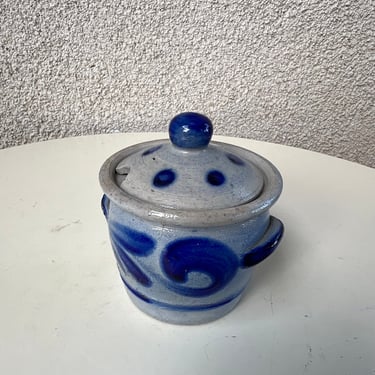 Vintage Mini Sugar Pot Jar With Lid Blue Salt Glaze stoneware Pottery 