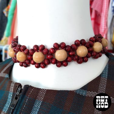 Cute Flower Power Vintage 60s 70s Wood Bead Choker Necklace 