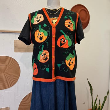 Vintage 90s Cotton Pumpkin Patchwork Embroidered Button Front Sweater Vest L 