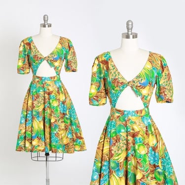 Vintage 90s cutout bow mini dress | 1990s tropical fruit cotton dress 