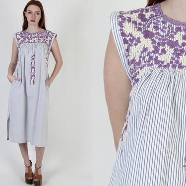 Casual Striped Oaxacan Mexican Pockets Dress, Pastel Floral Embroidered Maxi Shift 