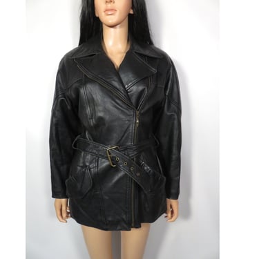 Vintage 90s Leather Belted Moto Trench Jacket With Deep Pockets And Tassel Pull Size XS/S 