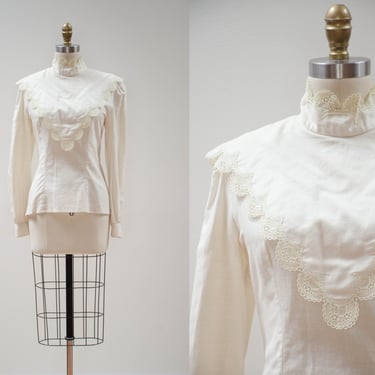 Edwardian style blouse | 70s 80s vintage white linen cotton lace collar antique style cottagecore blouse 