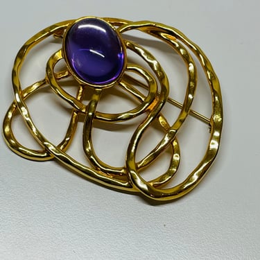 Gold Abstract Brooch with Purple Stone