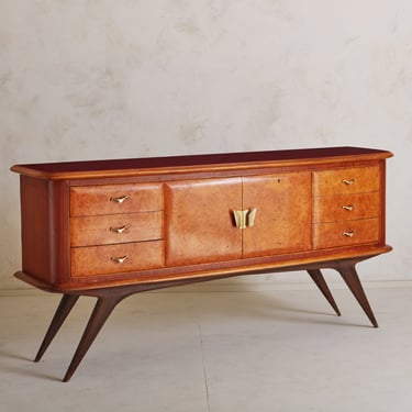 Mahogany + Burlwood Credenza with Red Glass Top, Italy 20th Century