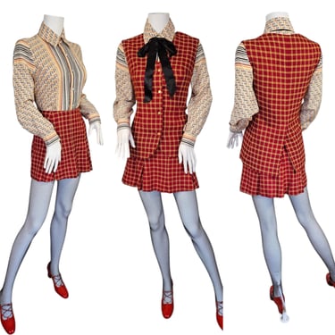 1960s Red & Yellow Check Pattern 2 Piece Mini Skirt Vest Outfit I Sz Sm 