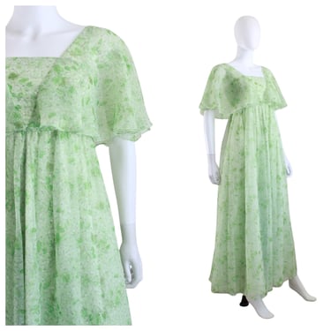 1970s Ethereal Spring Green Floral Chiffon Dress with Flutter Shawl Sleeves - 1970s Ethereal Dress - 1970s Chiffon Maxi Dress | Size Small 