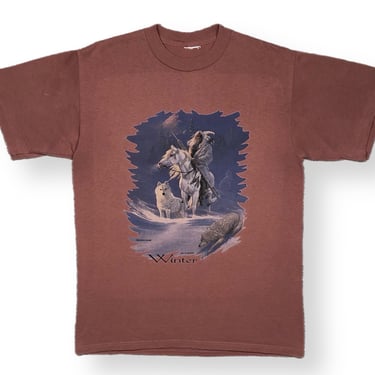Vintage 90s Native American Winter Hermon Adams Nature Art Portrait Graphic T-Shirt Size Medium 