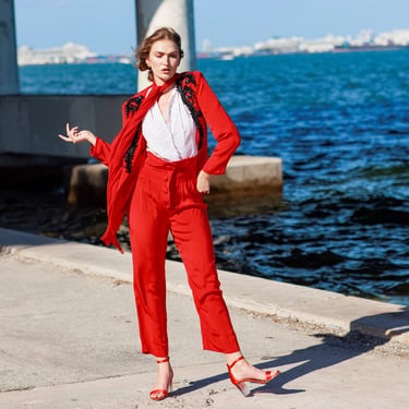 80s Bright Red Silk Statement Suit Vintage Blazer Sequin Long Sleeve Two Piece Suit 