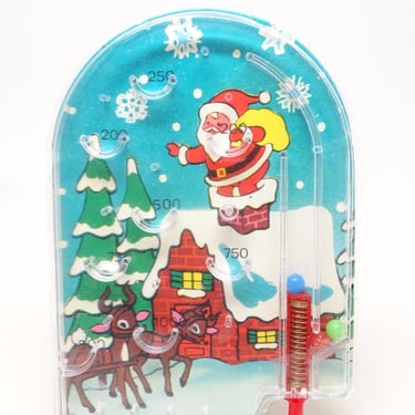 Vintage Christmas Game with Santa and Reindeer,  Plastic Pinball Toy 