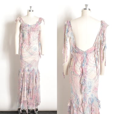 Vintage 2000s Dress / Y2K Diane Freis Plaid and Floral Ruffled Dress / Blue Pink ( XS S M ) 