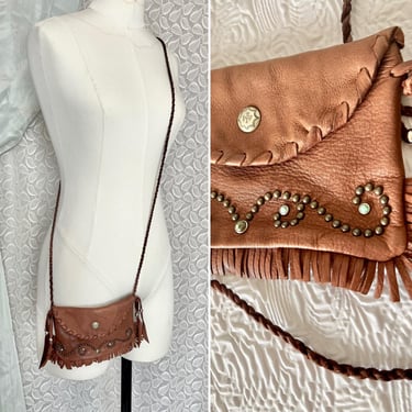 Boho Cowgirl Leather Purse, Studs, Fringe, Turquoise,, Cross Body, Hippie Bag, Soft Leather Bag 