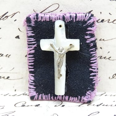 Antique French Religous Nun's Work Pendant with Mother of Pearl Crucifix,  Vintage Religious 