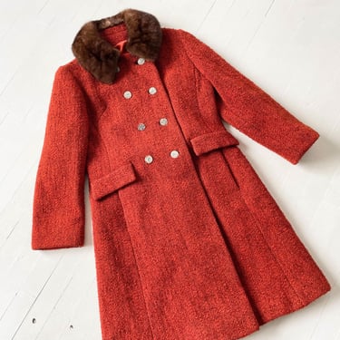 1960s Rust Red Wool Coat with Fur Collar and Rhinestone Buttons 