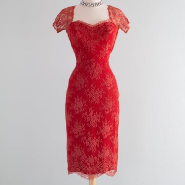 Glamorous 1950's BESO Red Illusion Lace Cocktail Dress By Estevez / Small