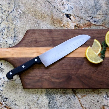 Paddle Shaped Mixed Wood Cutting Board with Integrated Bowl Serving Tray Large 