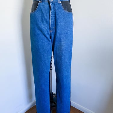 Vintage 90's Denim and Leather Pants, Stretch, 