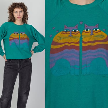 90s Laurel Burch Cat Sweatshirt - Men's Medium Short, Women's Large | Vintage Green Raglan Sleeve Animal Graphic Pullover 
