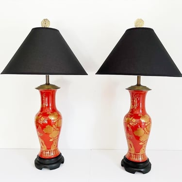 Mid Century Tall Chinoiserie Urn Lamps & Shades - a Pair 