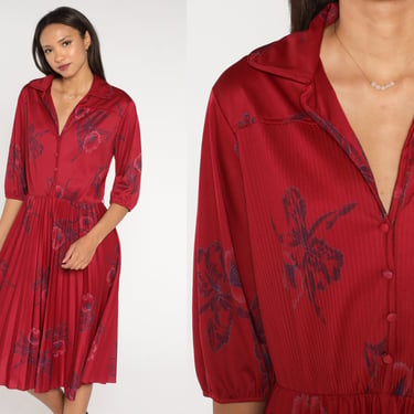 Berry Red Floral Dress 70s Midi Bohemian PLEATED Button Up Vintage Boho High Waisted V Neck Short Sleeve Shirtdress Vtg Hippie Disco Medium 
