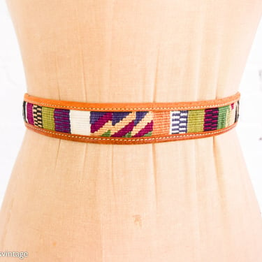 1980s Tan Leather Belt | 80s Colorful Stich Leather Belt | Two Blondes NY | M-L 