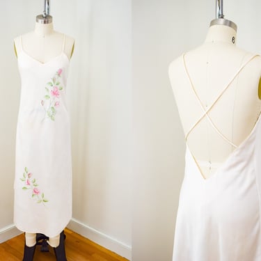 Vintage 1970s Silk Slip Dress w Open Back | S | 70s Cream Nightgown with Low Back and Rose Motif 