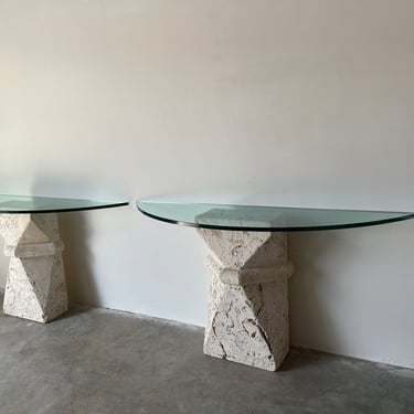 Vintage Demilune Coquina Stone and Glass Console Tables - a Pair. 