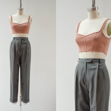 high waisted pants | 80s 90s vintage olive green brown wool dark academia style pleated trousers 