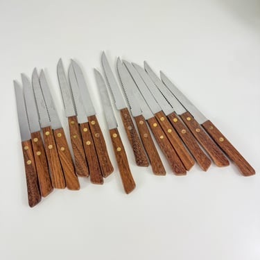 Vintage Stainless Steel Japan 15 Piece Steak Knife, Steak Knives with wooden handles, Old serrated blade steak knives, kitchen steak knifes 