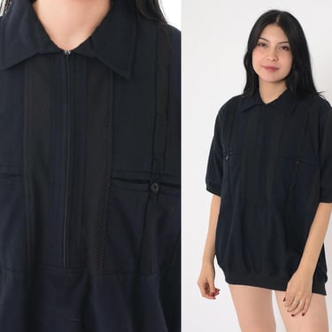 90s Zip Up Shirt Black Cable Knit Shirt Quarter Zipper Short Sleeve Slouch Banded Hem Tee Slouchy Tshirt Vintage 1990s Large L 